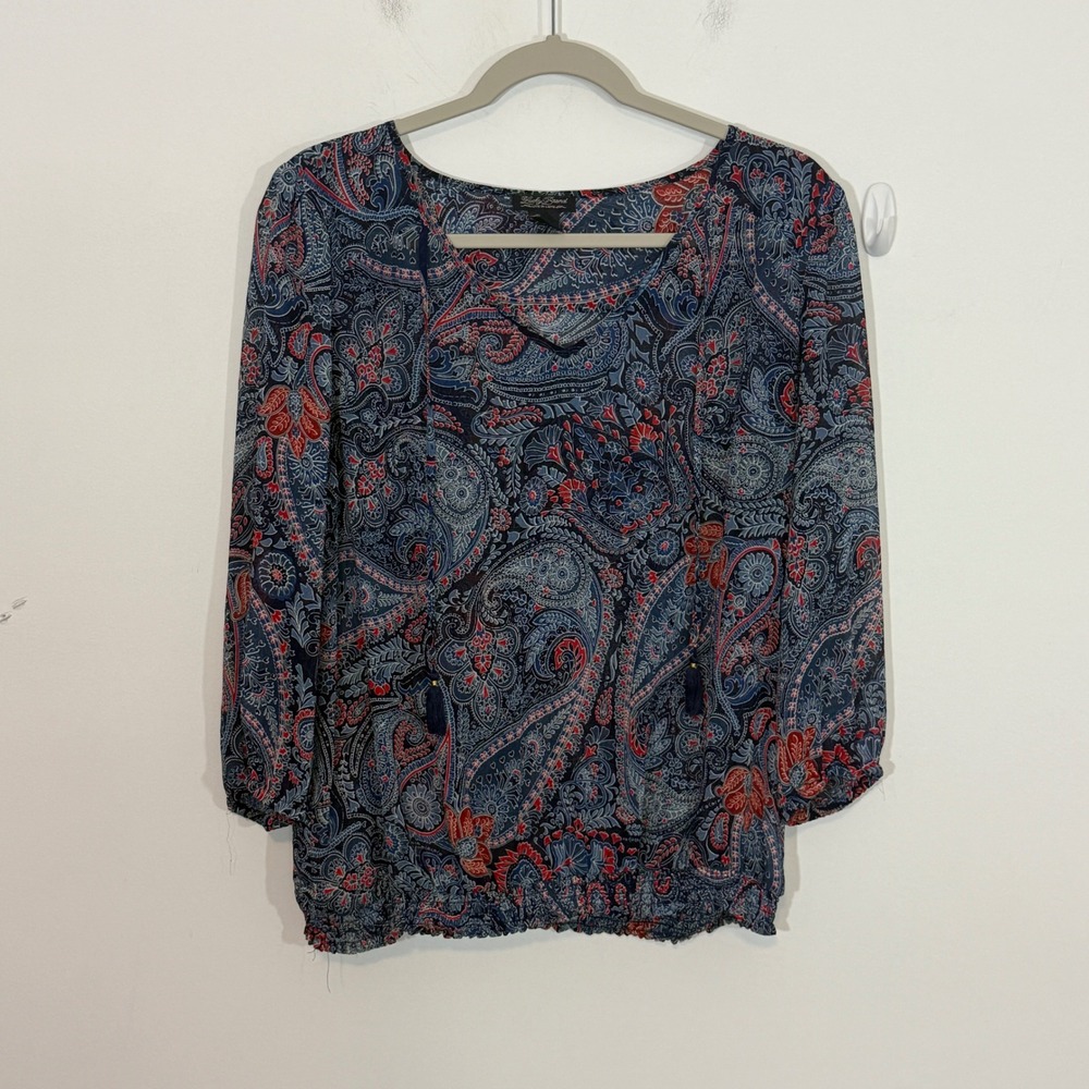 Lucky Brand Womens Blouse L Blue Paisley Tassel Split Neck Boho Festival Sheer